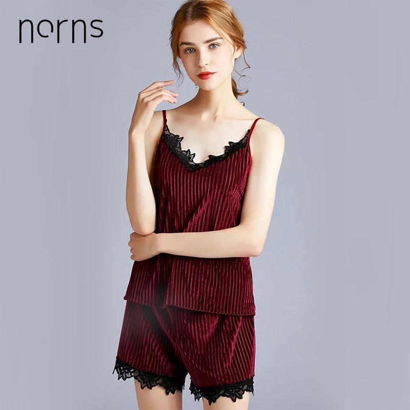 Norns Женская бархатная одежда для сна осенняя и зимняя одежда для сна шорты с бретельками Двухсекционный сексуальный кружевной утепленный домашний сервис