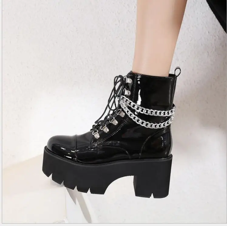 Fashion Chunky Classic Motorcycle Boots for Women Autumn Winter Black Fashion Round Toe Lace-up Black waterproof Boots Ladies