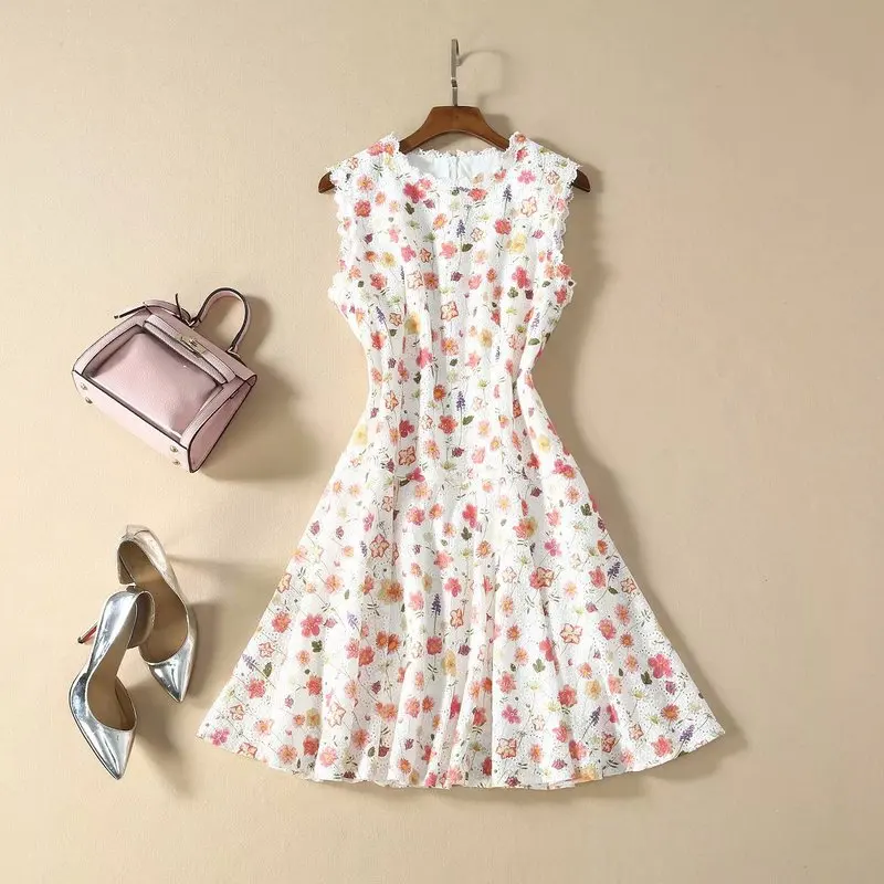 

New 2020 spring summer women dress sleeveless ruffles hem mini cute floral print hollow out cotton dresses