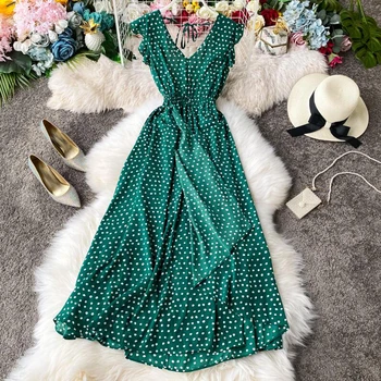 

green Floral print Women Summer Dress 2020 New V-Neck Sleeveless Dresses Vintage Bohemia Ruffle Midi Dress Slim Waist Vestidos