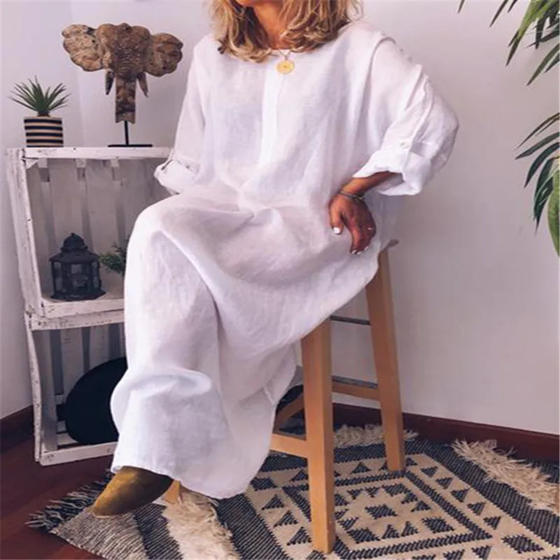 

Autumn Women's Dress Cotton and Linen Solid Color Loose Dress Women Vintage Pocket Casual Long Sleeve Long Dress