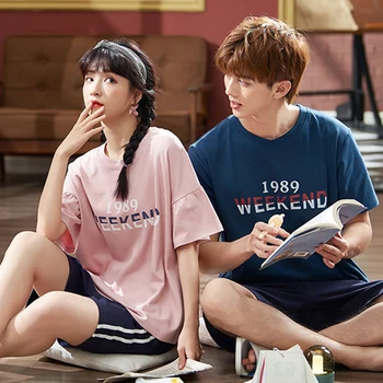 

JULY'S SONG Women Men Cotton Pajamas Sets Cute Cartoon Printed Couples Homewear Casual Crew Neck T-Shirt Shorts Nightwear Summer