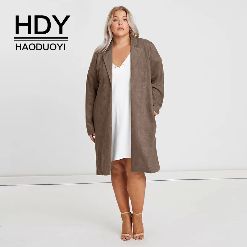 HDY Haoduoyi, Новое поступление, осенняя мода, повседневный стиль, женская одежда размера плюс, одноцветное, с отворотом, длинный рукав, замшевое, темпераментное, длинное пальто