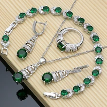 Женский Подарок на годовщину Свадебный комплект ювелирных изделий ожерелье наборы серьги кольцо невесты 925 Серебряный Зеленый браслет с фианитами