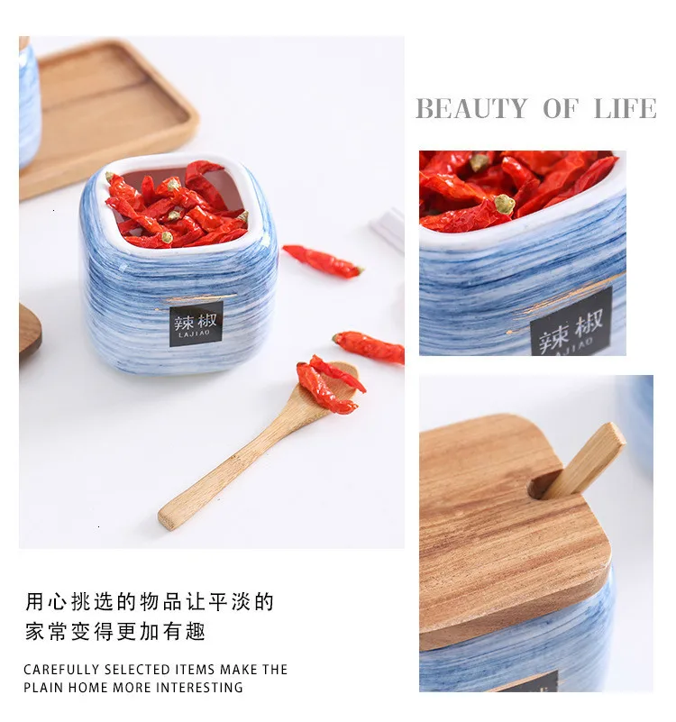 Ceramic Condiment Storage Jar Household Seasoning Pot Bamboo Tray Spice Jar Soy Sauce Box Salt Sugar Can Kitchen Organizer Tools