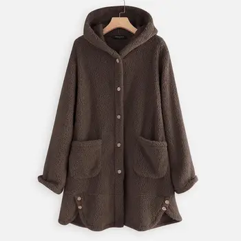 

2020 Fashion Fluffy Coats Women's Windbreakers Winter Casual Long Sleeve Parka Female Button Outwears Plus Size Hooded Jackets