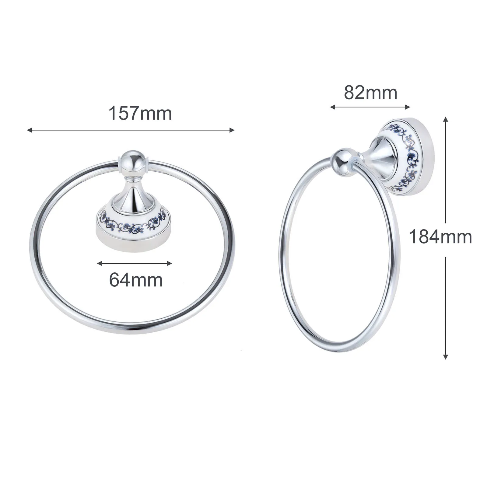 Silver Towel Ring Hook Holder Wall Mount Rack Blue&White Porcelain Ceramic Base Stainless Steel Old Chinese Decor 157mm Diameter bathroom towel ring,bathroom towel holder