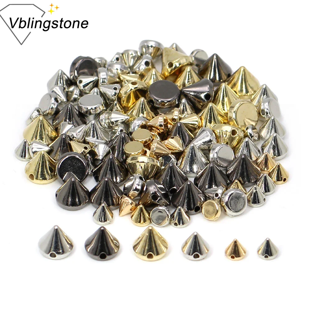 Cone Studs Plastic CCB Spikes And Studs 100pcs Gold Slive Black Sew On Rivets For Garment Decoration 6/8/10/12MM metal rivets metal studs metal brads