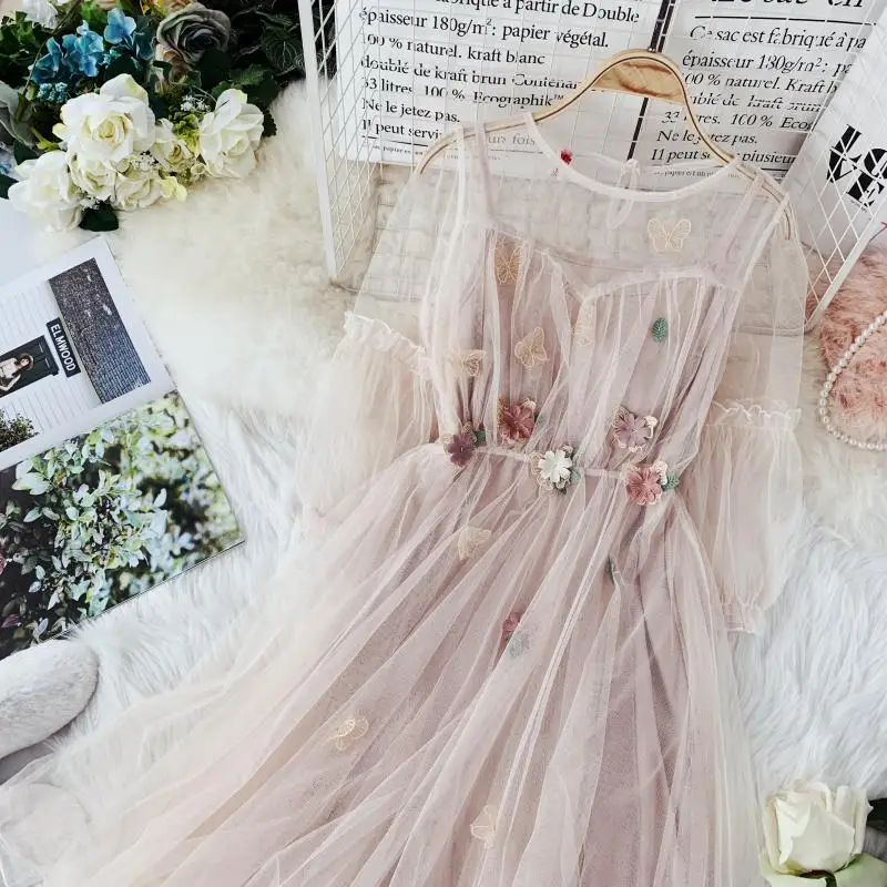 O-Neck Lantern Sleeve Gauze Fairy Puff Flower Appliques Mesh Princess Dress in Dresses