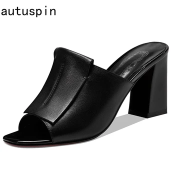

2020 Summer Fashion Elegant Slides Women Genuine Leather Sandals Black Thick High Heel Shoes Woman White Party Wedding Slippers