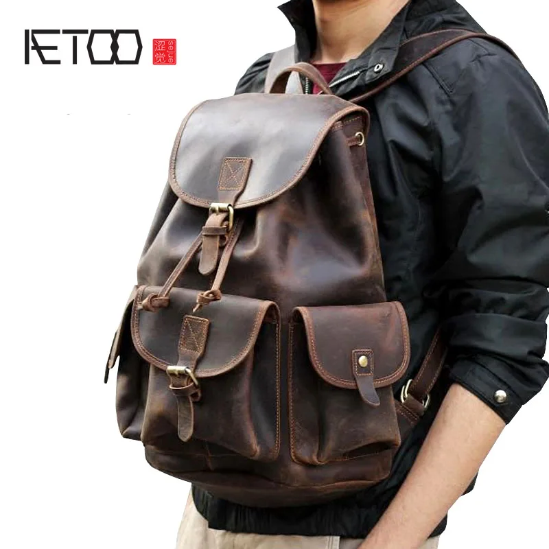 

BJYL Crazy horse skin large capacity shoulder bag male imports the first layer of leather handmade backpack female travel bag