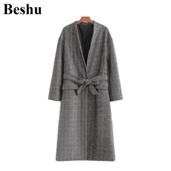 

za 2019 fashion woolen coats women grey tweed warm cardigan with belt big pockets woolen coat elegant simple long sleeve outwear