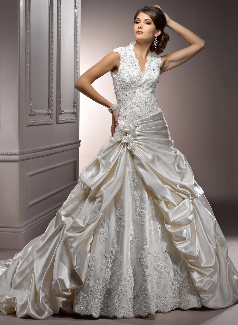 Vintage Cap Sleeves Lace Covered Back Ivory Taffeta Long Tail Mermaid Wedding Dresses 2015 New Vestidos De Noivas
