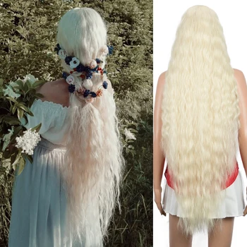 

FASHION IDOL Wig Cosplay Part Lace Wigs For Black Women Long Curly Hair 42 Inch Ombre Blonde Water Wave Fake Hair Synthetic Wig