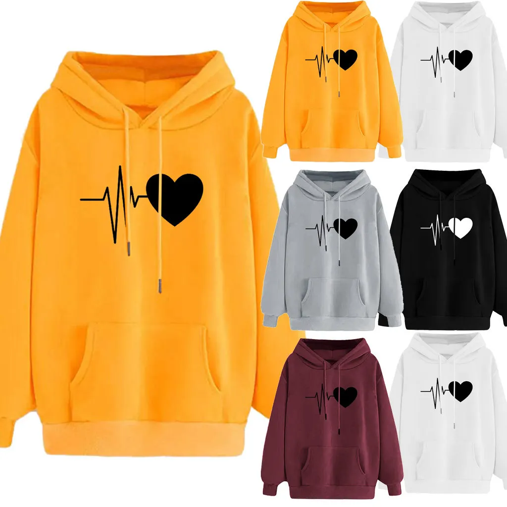 Printed Pocket Hooded Women hoodie sweatshirt Long Sleeve Cotton Electrocardiogram Print Hoodies for girls Pocket hoodie