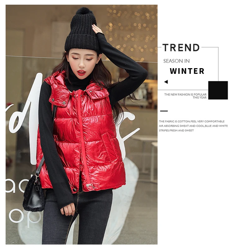 Women Vest Winter Korean Fashion Short Glossy Down Cotton Padded Vests Coat Casual Hooded Sleeveless Jacket Waistcoat