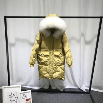 

2020 Women's Winter Down Jacket Woman Hooded Big Raccoon Fur Collar White Duck Down Coat Korean Parka Veste Femme KJ3341