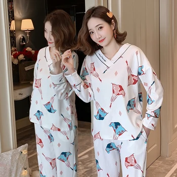 

2019 Autumn Winter Long Sleeve Cotton Pajama Sets Women Soft Comfortable Pyjama Outerwear Sleepwear Homewear Home Clothing