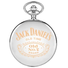 Silver Jack Daniel's Old Time Laser Design Quartz Pocket Watch Chain Fashion Pendant Necklace Clock Christmas Gift for Men Women