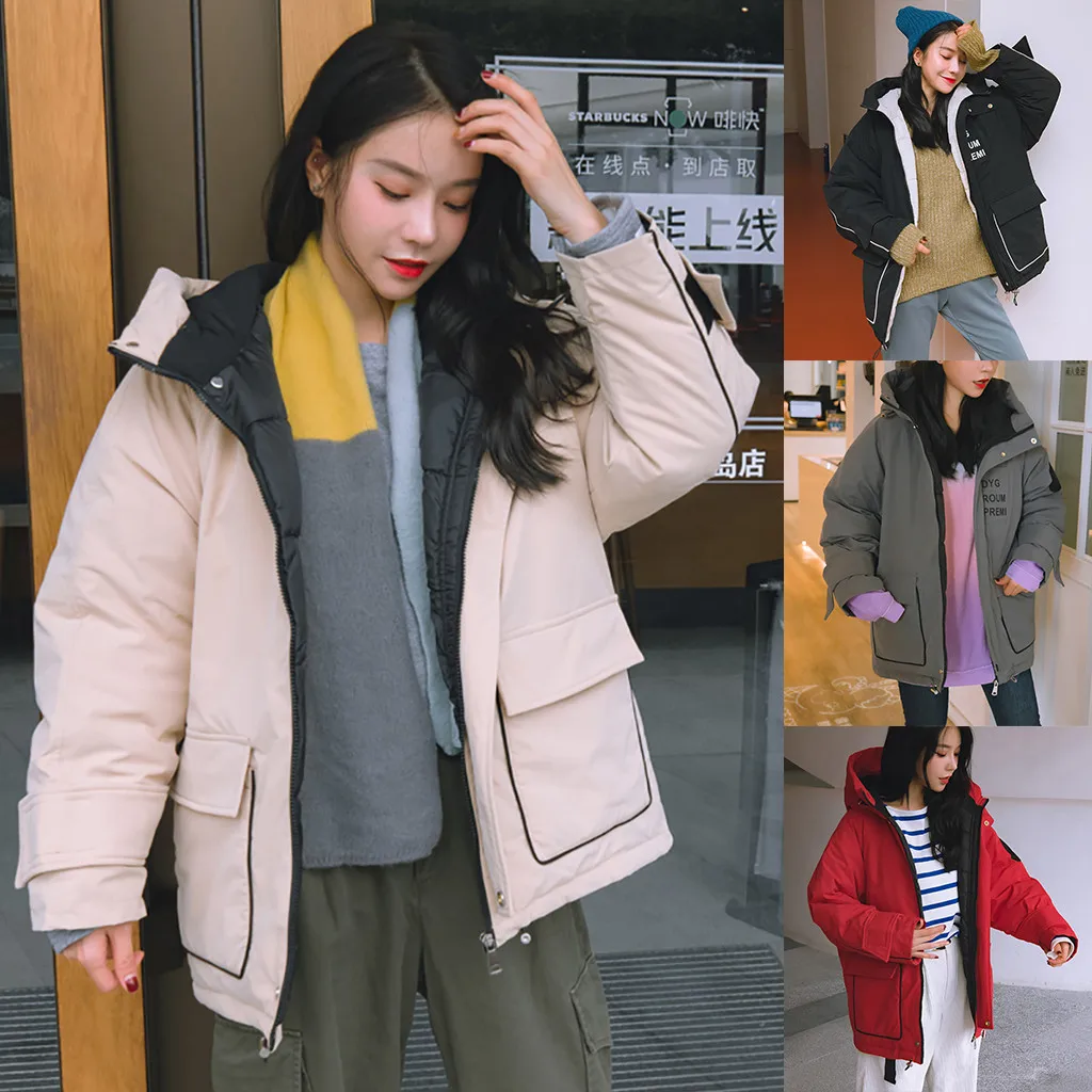 

Women Winter Warm Coat Hooded Thick Warm Loose Jacket Short Overcoat Female Stand Winter Jacket Parka Warm Overcoat