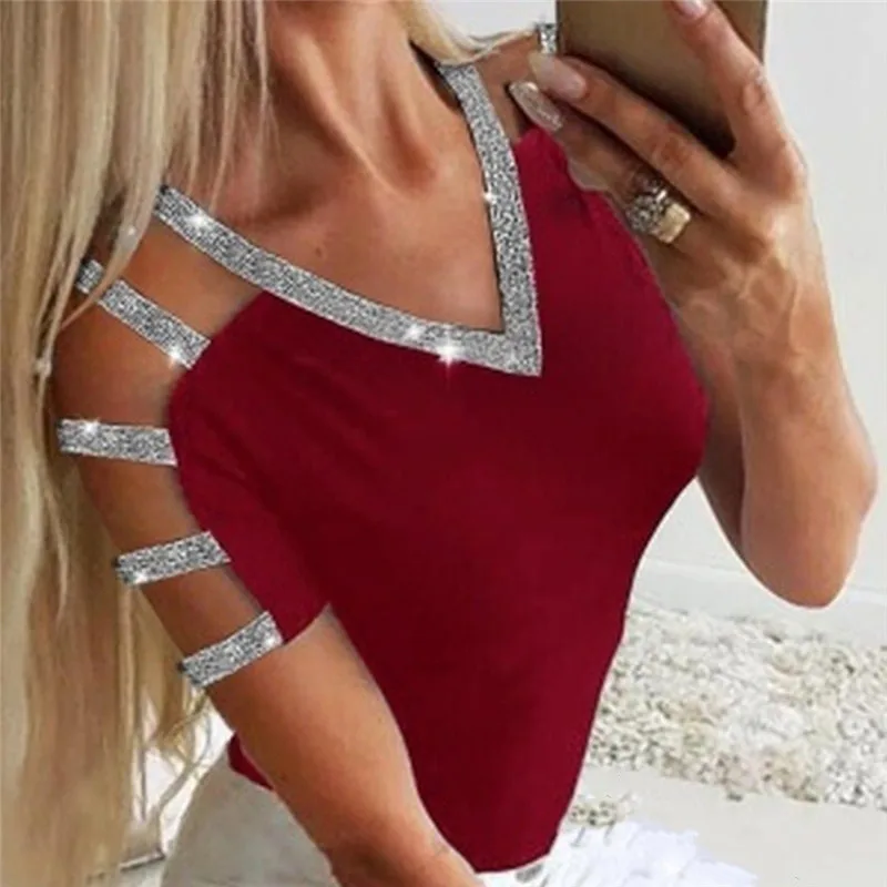 wine red Весна Лето Осень Милая футболка с коротким рукавом женская летняя Однотонная футболка с ремешками повседневные топы с открытыми плечами - Цвет: wine red