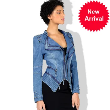 

spring women 2020 autumn denim rivet punk Short Slim fit jacket motorcycle Windbreaker zipper outerwear