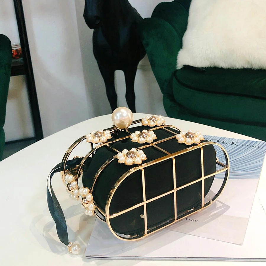 Women Evening Clutch Bag Pearl Basket Hollow Out Flowers Beaded Metallic