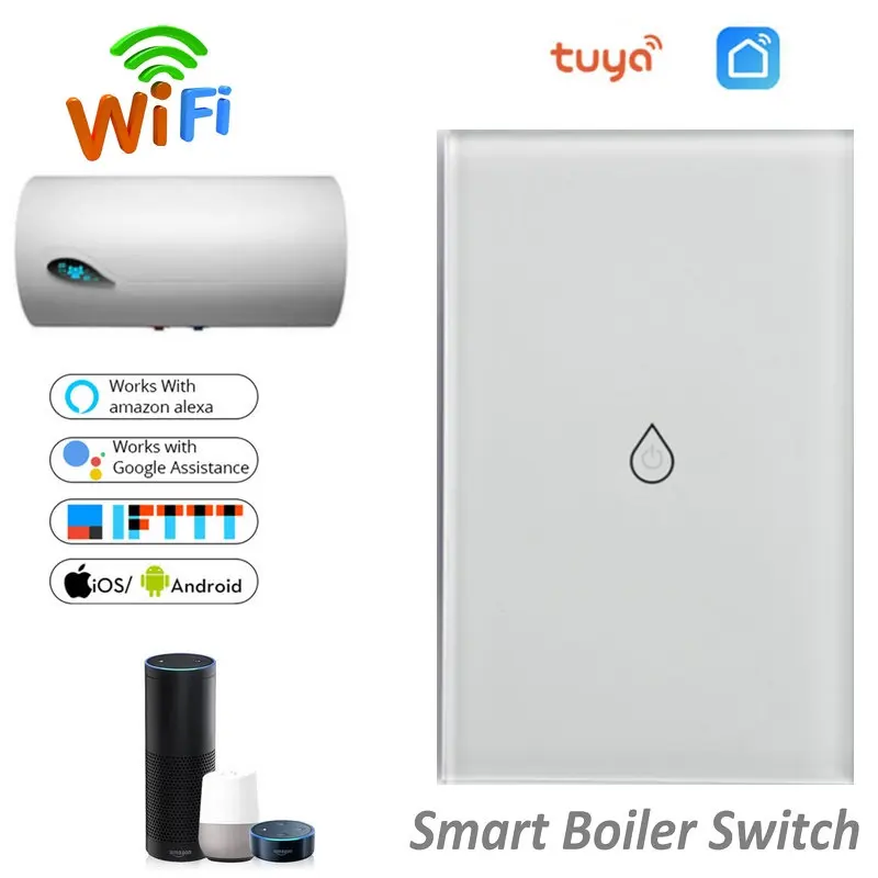 

US Wireless Smart Wifi Water Heater Boiler Switch Glass Panel Touch Mobile APP Voice Control Switch with Alexa Google Home