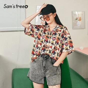 

SAM'S TREE Multicolor Cartoon Print Casual Chiffon Women Shirts 2020 Summer Chic Button Short Sleeve Ladies Korean Daily Tops