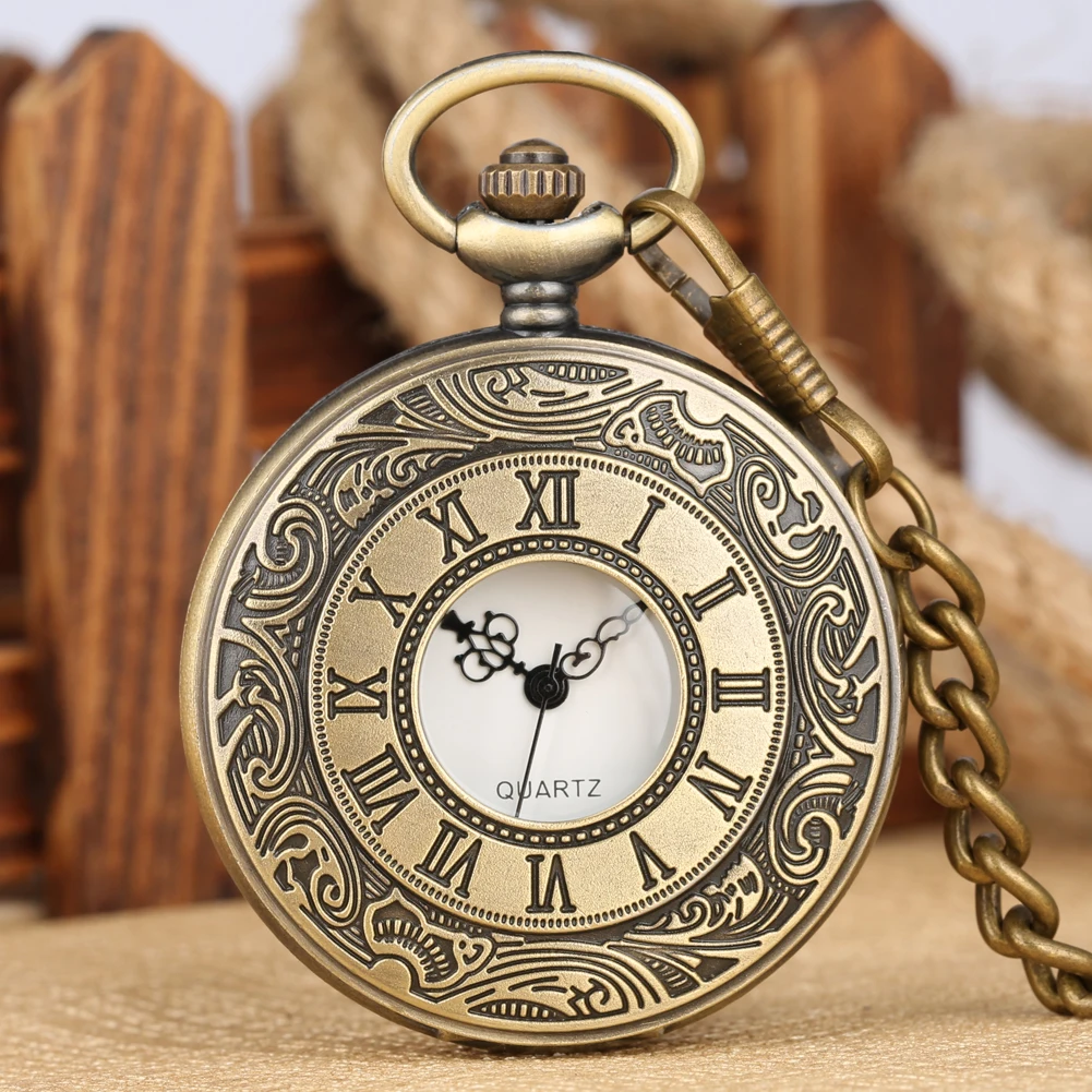 Классический бронзовая Обложка карманные часы для Для мужчин половина-полые с римскими цифрами Циферблат карманные часы для Для женщин кулон часы