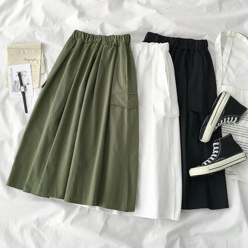 Faldas mujer moda mori/осенне-Весенняя Длинная с резинкой в талии, Армейская, зеленая, белая, черная Однотонная юбка трапециевидной формы