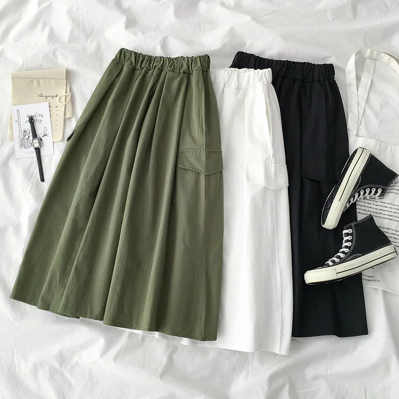 

faldas mujer moda 2019 mori girls autumn spring long elastic waist army green white black solid a-line skirt