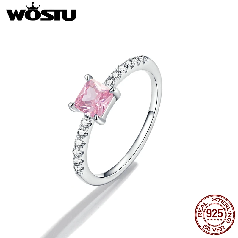 Elegant 925 Sterling Silver Sakura-Pink Halo Ring with Shining Square Zircon