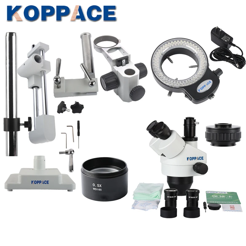 KOPPACE 3.5X-45X Стерео Зум тринокулярный микроскоп, окуляр WF10X/20, микроскоп для ремонта мобильного телефона, 0.5X объектив