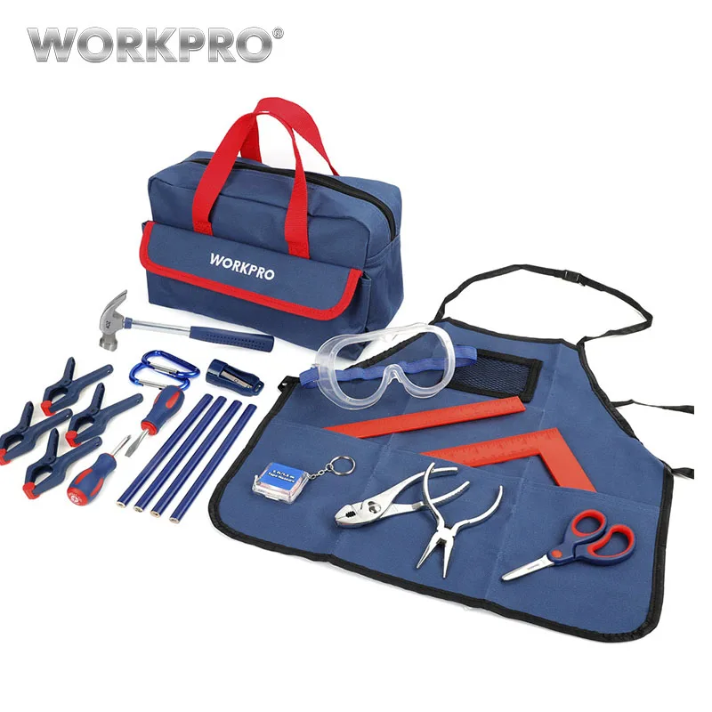 BLUE WORKPRO 23 шт. Набор инструментов детский набор инструментов детский подарочный набор инструментов с сумкой для хранения ручные инструменты розовый/синий - Цвет: BLUE