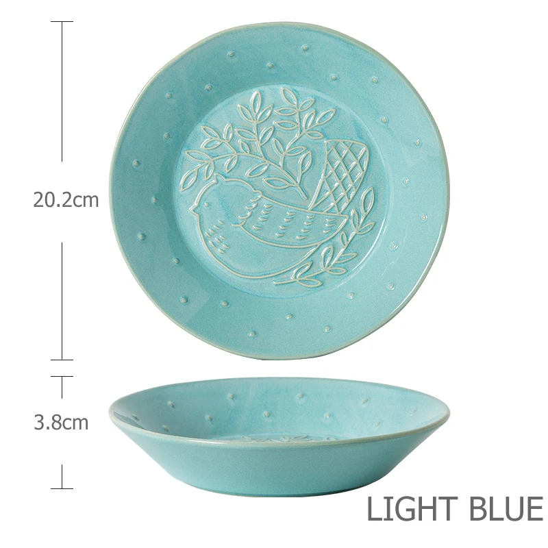 Light Blue 8 дюймов Ретро резная паста тарелка рельеф птица обеденное блюдо глубокое блюдо круглый акцент сервировочная тарелка Суповая тарелка столовая посуда поставка - Цвет: Light Blue