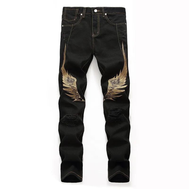 Черный MORUANCLE Марка NEW FASHION Hi Street Рваные джинсы штаны с нашивкой «Крылья» с вышивкой человека уличная рваные джинсовые брюки с вышивкой; большие Размеры 29-42 - Цвет: Черный