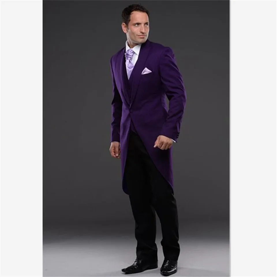 

One Button Long section Men Suit Purple Tailcoat Groom Tuxedos Groomsmen Mens Wedding Suits Formal Dress (Jacket+Pants+Vest)
