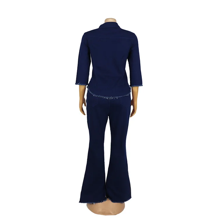 Casual Jeans Two Piece Set Women Outfits Denim Suit High Quality Set Half Sleeve Top&Flare Pants Set Tracksuit 2020 Autumn