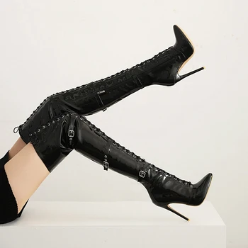 

Aliona Shoo High Heel Boots Platform Sexy Shoes Over The Knee Boots Black Hollow Lace Up Long Boots Nightclub Show Models 34-48