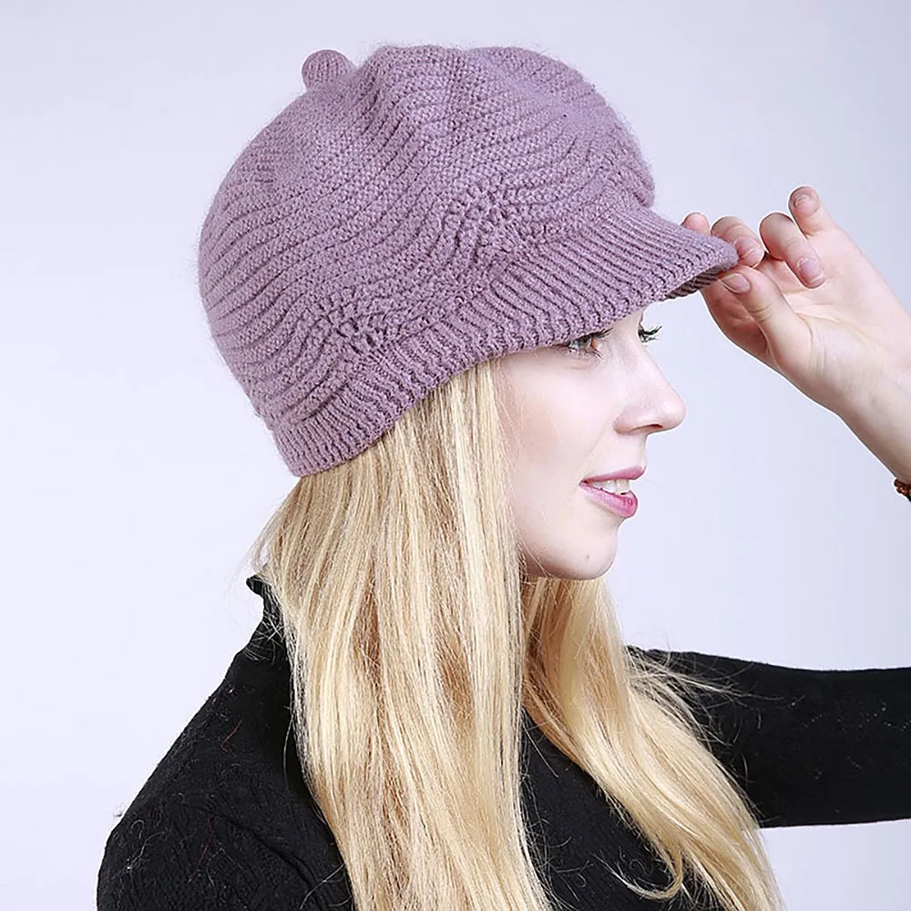 

BEFORW 2019 Fashion Winter Plus Velvet Warm Knit Visor Hat For Women Elegant Soft Rabbit Hair Wool Visors Hats