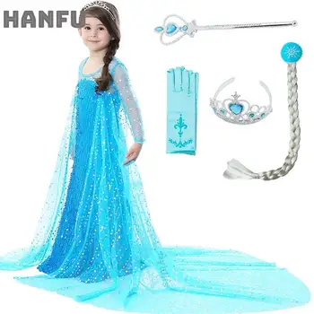 

Girls Sequins Decoration Elsa Costume Dress Cosplay with Wig Crown Wand Wig for Kids Children Princess Elsa Dress Party Dresses