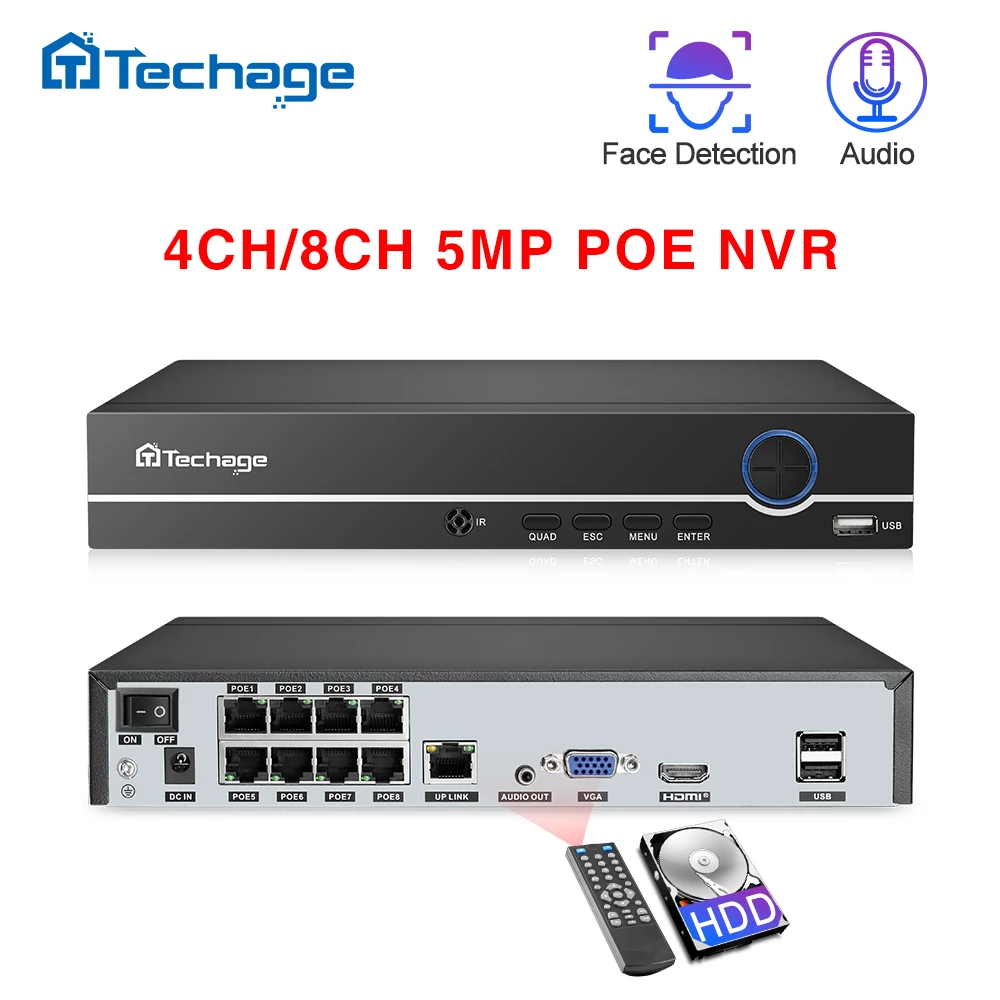 Gravador de Vídeo de Rede de Vigilância de Segurança de Áudio até 16ch para Câmera Techage 5mp 1080p Poe Nvr até 16ch para Câmera ip H.265 4ch 8ch 4mp