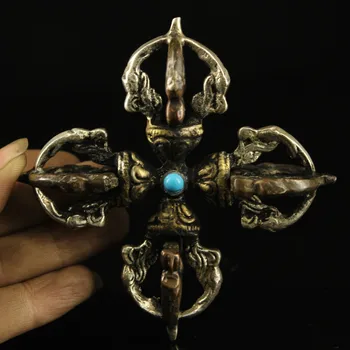 

wedding decoration Tibetan monastery collects old pure copper handmade to create inlaid gilt silver cross Dorje drop magic devic