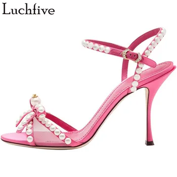 

Sweet Pearl Bowtie Women Sandals Open Toe Party Shoes Woman Thin High Heels Ankle Wrap Ladies Shoes Pink Zapatos Mujer