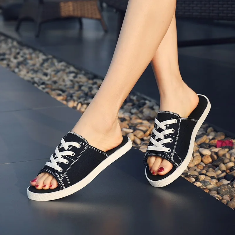 

2019 Summer New Style Household Sandals Canvas Lace-up COUPLE'S Wear-Resistant Slipper Versatile When