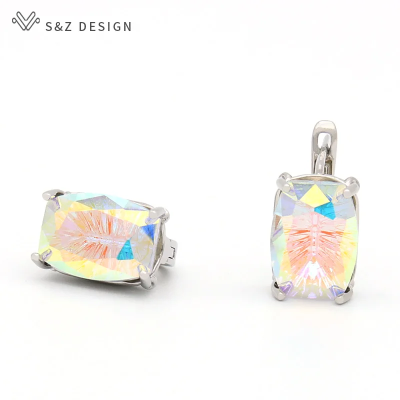 S&Z DESIGN New Fashion Square Crystal Dangle Earrings 585 Rose Gold Color Eardrop For Women Girl Wedding Party Jewelry