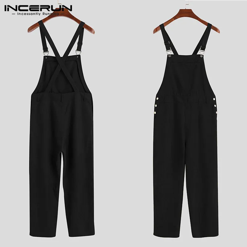 Black INCERUN, мужской комбинезон, Одноцветный, для бега, на подтяжках, карманов, для фитнеса, уличная мода, повседневные штаны, мужские комбинезоны, S-5XL, 7 - Цвет: Black