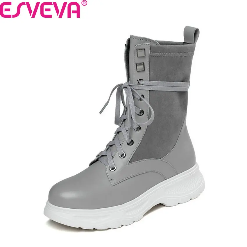 

ESVEVA 2020 Rivet Platform Cow Leather Flock Lace Up Women Shoes Casual Round Toe Square Middle Heel Mid Calf Boots Size 34-42