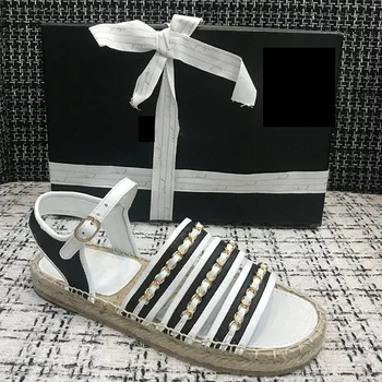 

new 2020 spring summer women brand espadrilles desginer slides shoes leather flat heels Mules luxury chain Shoes woman